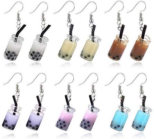 6 Pairs Creative Unique Bubble Boba Tea Dangle Earrings Funny Personality Milk Tea Drink Earring Colorful Glass Bottle Funny Earrings for Women Girls Party Jewelry Gifts