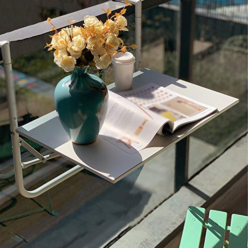 FENGSHOUU Falten Balkon Hängend Tisch,Verstellbar Balkonhängetisch,Metall Klappbar Balkontisch Hängetisch Geländer Klapptisch,Lagerung Faltbarer Blumenständer Schreibtisch Wandtisch,60x40cm(White)