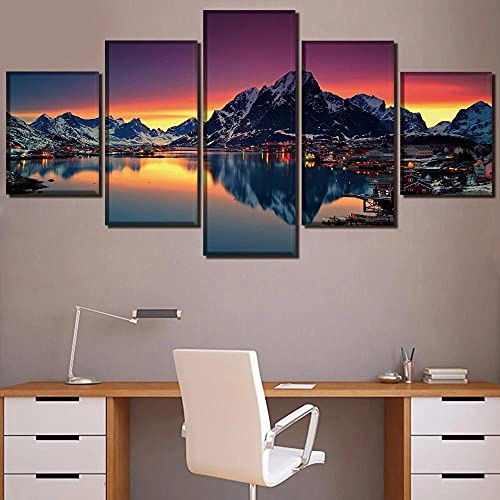 MPPSU Norwegen-Insel-Sonnenaufgang-Meer-Berge Wanddekoration Wohnzimmer Leinwandbild Jugendzimmer Poster Set Modern 5 Teiliges Wandbild Bedroom Decor XXL Bilder Mit Rahmen 150 * 80cm