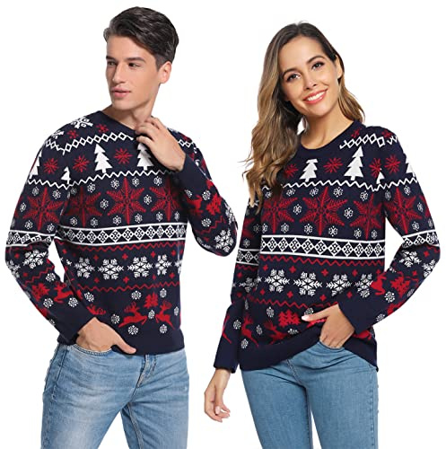 Litherday Pull de Noël Famille Unisexe Sweater Tricot à Col Rond avec Renne Flocon de Neige Arbre de Noël Imprimé Pull Manche Longue Hiver Sweat-Shirt Festif Joyeux Christmas
