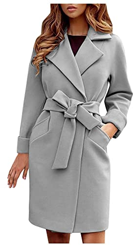 BIBOKAOKE Damen Mantel Elegant Revers Winter Mantel Lang Wollmantel Trenchcoat Warm Frauenmantel Business Blazermantel mit Taschen und Gürtel Lose Outwear Herbst Winter Übergangsjacke