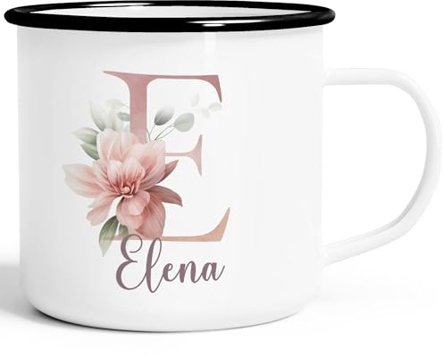SpecialMe® Emaille-Tasse Name Initiale Blumen Eukalyptus Floral Monogramm personalisierte Geschenke weiß-schwarz Emailletasse