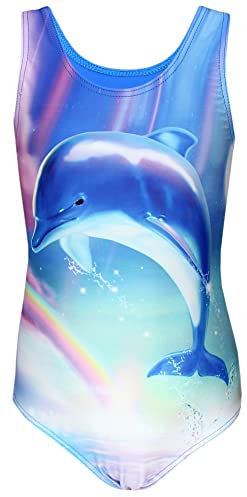 Aquarti Badeanzug Mädchen – Sportlicher Mädchen Badeanzug mit Ringerrücken Print, Farbe: Delphin/Regenbogen/Blau/Rosa, Größe: 116