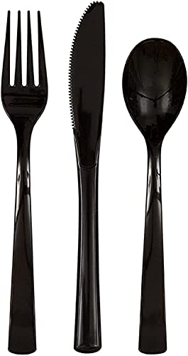 Party2u Black Reusable Cutlery Set Of 300 Pieces Includes 100 Forks, 100 Spoons and 100 Knives -Reusable Cutlery for Parties and Dinnerware