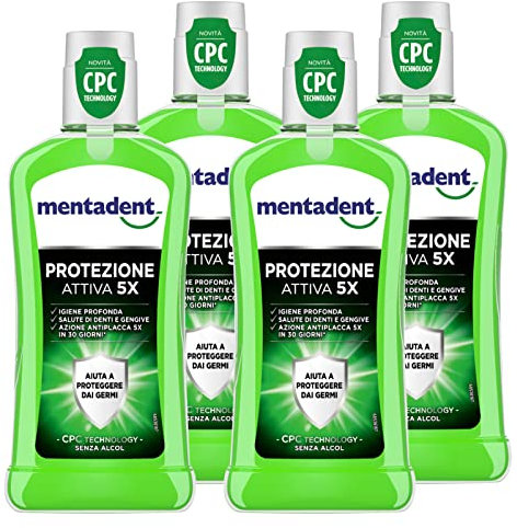 4 x Mentadent Mundwasser Aktiver Schutz 5 x Minze mit antibakterieller und alkoholfreier CPC-Technologie - 4 Flaschen à 400 ml