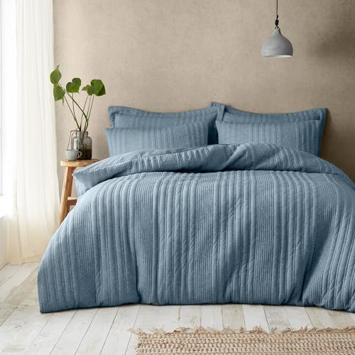 Pineapple Elephant Tamba Jersey Stripe Quilted Double Duvet Cover Set with Pillowcases Chambray Blue