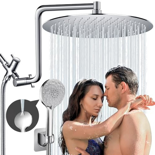 12 Rainfall Shower Head with Handheld Combo, High Pressure Shower Heads with Upgraded 12 Adjustable Curved Shower Extension Arm, 6 Settings Handheld Shower Head Built-in Power Wash Anti-leak（Chrome）