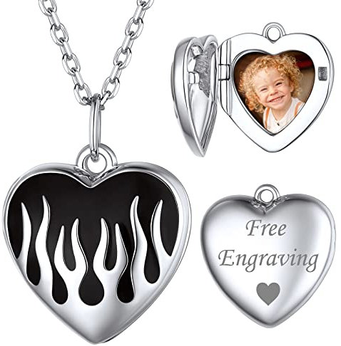 ChicSilver 925 Silber Medaillon für Damen Mädchen Herzform Medaillon mit Flamme Design Personalisierter Fotoanhänger für Geburtstag Valentinstag