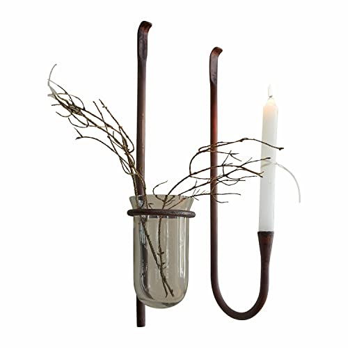 Loberon Wanddeko 2er Set Valèrie, Kerzenhalter & Vase, grazile Wandhalterungen, nostalgischer Antik-Look, für Stabkerzen, Kerzenständer, Eisen, Glas, Rostbraun
