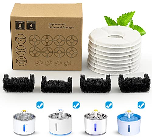 Cat Water Fountain Replacement Filters,Cotton Activated Carbon Replacement Water Fountain Filter for Flower Pet Water Fountain with Replacement Filters& Sponges (Round 8+4 Pack)