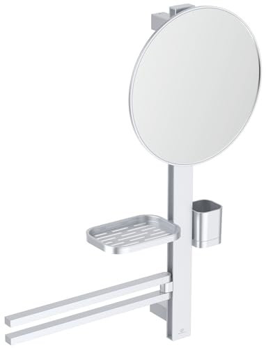 Ideal Standard - Alu+, Beauty Bar pour la Salle de Bain, Miroir Diamètre 30 cm, Tablettes de Rangement, Porte Serviettes, Argent Mat, BD588SI