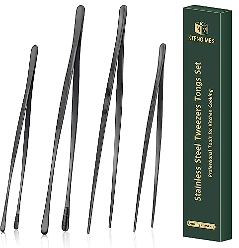 KTFNOMES 4 Pcs Kitchen Cooking tongs,12 & 10 Stainless Steel Black Kitchen tongs Set,Professional Food Tweezers for Cooking,Repairing,Seafood,BBQ