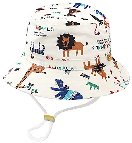 Kiniris Chapeau Bob Coton Bébé Fille Garçon Anti-UV Casquette Chapeau de Soleil Bob Enfant Pliable Été Cartoon Animal Voyage Plage Outdoor Blanc Animal 6-12 Mois