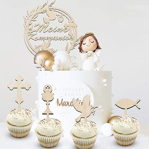 Cake Topper Meine Kommunion 5 Stück Holz Meine Taufe Kuchen Deko,Kuchen Topper Konfirmation Holz,First Holy Communion Cake Topper,Erstkommunion Kuchen Deko Junge Mädchen