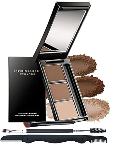 Eyebrow Powder Makeup Kit-3 Colors Eye Brow Powder Palette Long-Lasting Waterproof, Dark/light Brown Brow Filler, Fill & Sculpt Full Eyebrows for Women, With Mirror, Brow Brush & Razor-Set 02