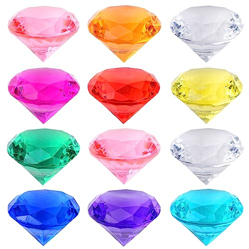 Acryl Kinder Diamant Edelsteine Bunt, 12 Stücke 40mm Groß Kunststoff Diamanten Deco, Acryl Diamanten Transparent Diamantkristalle fur Vasen, Tischdeko, Party Mitgebsel, Hochzeit