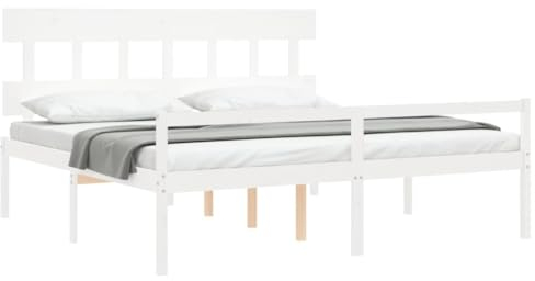 vidaXL Seniorenbett, Holzbett Bett mit Kopfteil Stauraum, Doppelbett für Senioren, Komfortbett Bettgestell mit Lattenrost, Schlafhöhe vom Boden 45cm, Weiß Massivholz