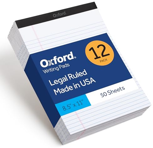 Oxford 8.5 x 11 Inch Legal Pads, 12 Pack, Wide Ruled on Both Sides, White Lined Paper, 50 Perforated Sheets per Pad, Made in the USA (74030)