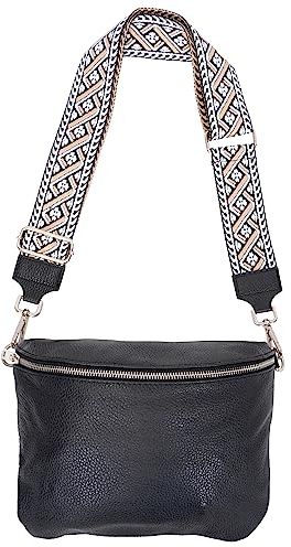 Große Umhängetasche Rona Crossbody Bag Gürteltasche Schultertasche in Gr. L aus 100% Leder mit breitem Gurt (schwarz 1)