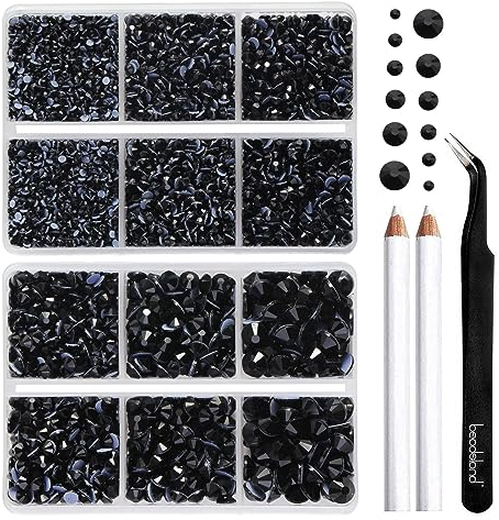 BEADSLAND Hotfix Rhinestones, 6080PCS Black Rhinestones for Clothes Crafts Mixed 6 Sizes with Wax Pencil and Tweezers Kit, SS6-SS30,Jet Black