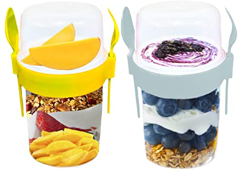 4All 2Pcs Yogurt Pots With Spoon and fork Reusable 650ml Road trip Container BPA Free On The Go Breakfast Museli Cup Breakfast Cereal Containers (Set of 2 (Grey,Yellow)