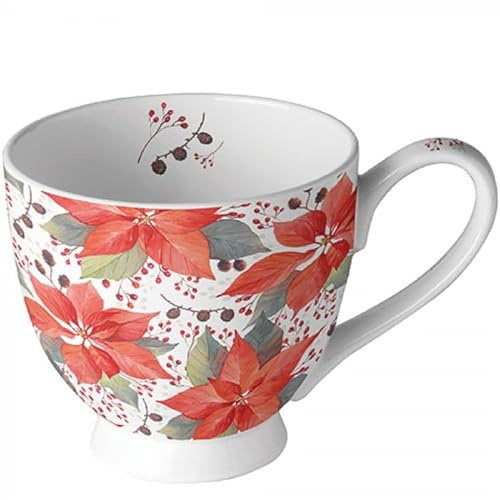 Ambiente Tasse Mug 0,45 l Fine Bone China Jumbotasse Poinsettia und Beeren Mug Kaffeetasse Teetasse Weihnachten Advent Winter