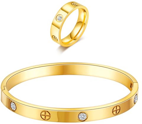 Bracelet d'amitié plaqué or 18 carats avec bague pour femme - Bracelet ovale simple à charnière en oxyde de zirconium - Cadeau idéal pour la fête des mères, la Saint-Valentin, 5-10, Métal, Zircone