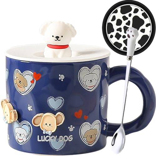 Disoza Tazza Per Cani Con Coperchio Tazza Per Gatti 420ml Tazza Per Caffè Regalo Per Cani Tazza In Ceramica Con Cucchiaio e Sottobicchiere Tazza Per Tè Caffè Natale Regalo Di Compleanno Per Moglie