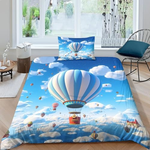Heißluftballon Bettwäschegarnitur Für Kinder Mädchen Oberbett Set 3D Gedruckter Bunte Muster Und Kissenbezüge Weich Microfaser Bettwäsche Reissverschluss 2 Teilig Bettdecke Single(135x200cm) Gan