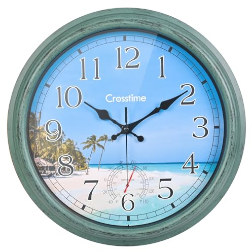 Crosstime 40 cm große Gartenuhr, wasserdicht, Outdoor-Wanduhren mit Thermometer für Garten, Terrasse, Pool, Dekoration, Grün, 40 cm