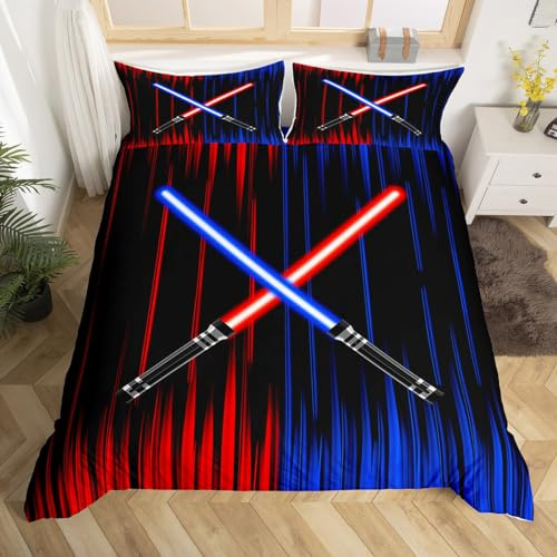 Feelyou Lichtschwert-Bettwäsche-Set, Queen-Size-Größe, Kinder, blau-rot, Ombré-Stil, Bettdeckenbezug-Set für Jungen, Teenager, Lichtschwert, Ösen, Bettbezug, Zukunftstechnologie, Tagesdecke,