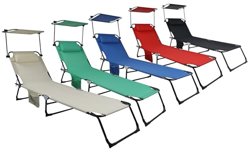 VCM Sonnenliege klappbar | Maße ca. L. 185 x H. 24 x B. 55 cm | leicht und kompakt | Liegestuhl mit verstellbarem Sonnendach - Bindox L