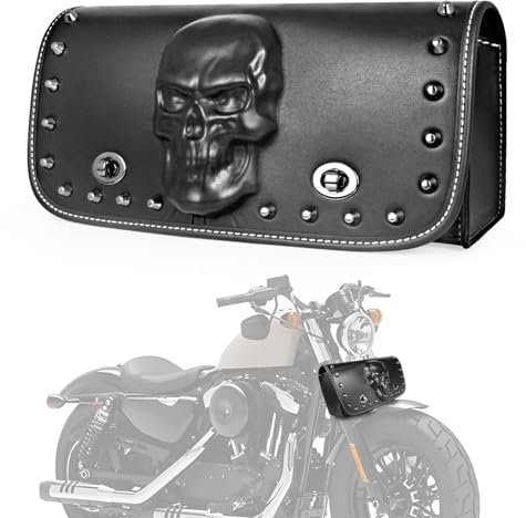 Quixofiber Werkzeugtasche PU-Leder Gabeltasche 3D Totenkopf Motorrad Lenker Wasserdicht Gabelhalter Universal Motorrad Zubehör Paket