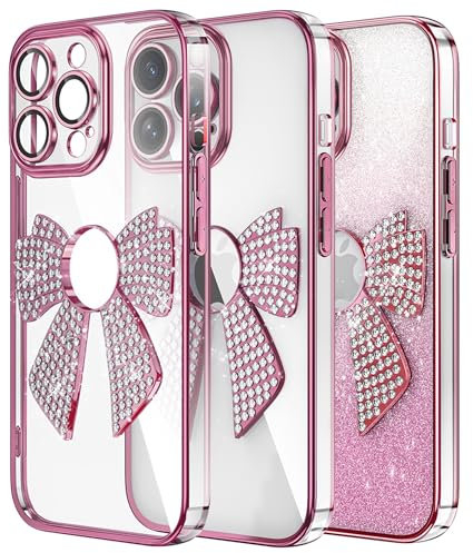 QIWEIQING Compatible with iPhone 15 Pro Max Glitter Diamond Case, Cute Bow Glitter Shiny Slim Fit Shockproof Protective Girly Women Crystal Phone Case Cover for iPhone 15 Pro Max. Pink KDH