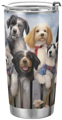 JUMBEAR Vaso de 20 onzas, diseño de perros divertidos en la valla de acero inoxidable aislado al vacío, taza de café y agua, taza térmica de viaje para el hogar y exteriores