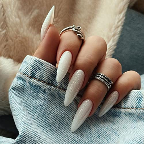 JUSTOTRY 24 Pcs Glitter Almond Short False Nails Pattern,White Solid Stiletto Press on Nails,Glossy Fake Nail Medium for Nails Art,French Tip Oval Stick on Nail for Women and Teens Gifts