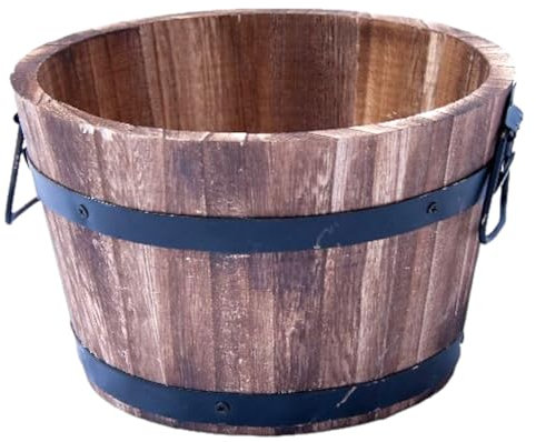 DIVAS SPIRITUAL Rustic Wooden Barrel Pot Planter, Burntwood Round Box, Hand-Crafted Outdoor Flower Pot for Home and Garden, (Round Burntwood 30 cm)