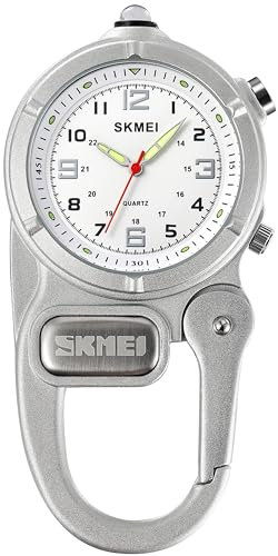 findtime Taschenuhr mit Karabiner Taschenlampe, Karabineruhren mit Clip Unisex Krankenschwester Analog Quarz Uhren Clip On für Kletterer Sport Outdoor Aktivitäten Silber