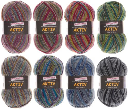 SUPERGARNE Sockenwolle Aktiv 6-fädig - 1200 g (8x150g), Strapazierfähig, Maschinenwaschbar, Made in EU, Ideal für Socken und Strickprojekt (CLOUDY)