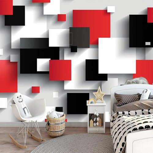 Papier Peint Intissé Photo Murale Carrés Rouges Et Noirs - Décoration Murale Toison pour Salon, Bureau - Géométrie Irrégulière Du Moyen-Âge 350 x 256 cm Tableaux Tapisserie Photo