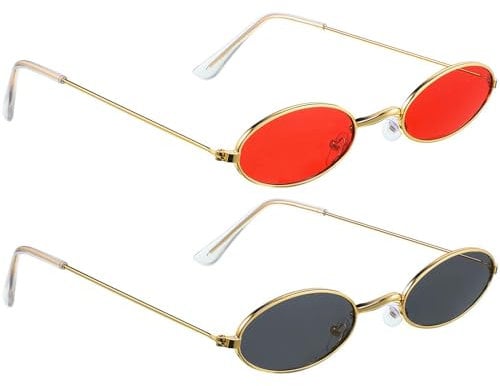 CVNRCLP 2 Pairs Vintage Oval Sunglasses - Stylish Mini Round Eyewear for Women, Girls, and Men - Retro Small Oval Glasses