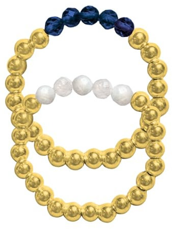 happymaker - Edelstein Ring, Ring Set Mondstein und Lapislazuli mit vergoldeten 925 Silber Perlen auf elastischem Band, Gold Schmuck mit Edelsteinperlen für Frauen, handemade in Deutschland