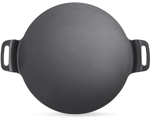 KEESHA 15 Inch Large Cast Iron Pizza Pan, Premium Tawa Dosa Pan Crepe Pan with Double Loop Handle