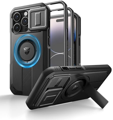Dexnor for iPhone 14 Pro Magnetic Case With Slide Camera Cover & Adjustable Kickstand & Built-in Screen Protector, Rugged Shockproof Bumper Cases Heavy-duty Cover - Night Black