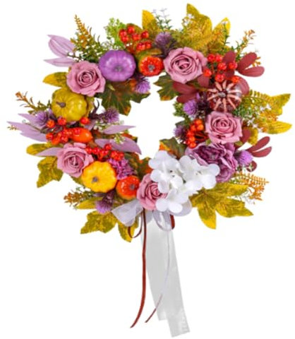 Roxvue Herbstdeko - Herbstkränze für die Haustür Draußen mit Blühender Seidenrose, Naturgetreuen Herbstkürbis-Beeren und Schleife