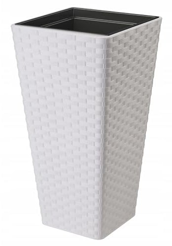 B2C Square Tall Plant Pot Elegant Large Flower Indoor Outdoor Garden Planters Rattan Look Pattern Home Patio Plastic 2 Sizes (White, H 57cm x D 30cm)