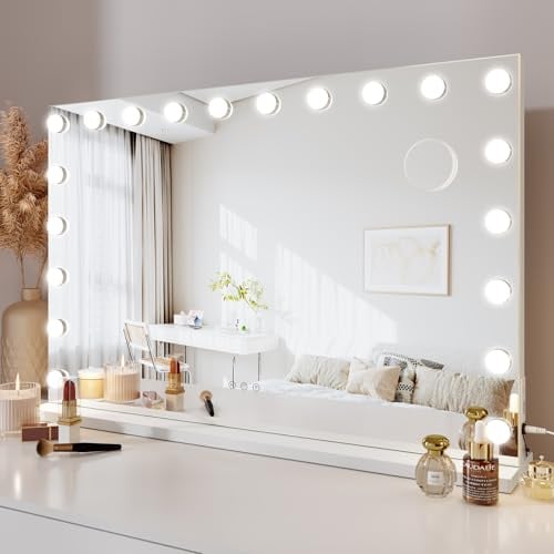 Dripex Specchio da Trucco con Luci a 20 Led 90x60cm Hollywood Bianco | sul Tavolo o a Parete, 3 Modalità di Luce, Regolazione della Luminosità, Lente d'Ingrandimento Rimovibile, Taglia Grande