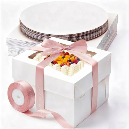 21 Stück Tortenbox Tortenkarton Hoch 25x25x20 cm Hohe Kuchenverpackung Kuchenplatte 10 Boxen + 10 Teller + 1 Rollen Satinband für Torten,Kuchenkarton für Torten, Gebäck,Kuchen-Transportbox,Gebäck