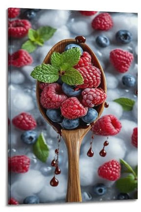 fhujgg Fruit Poster Fresh Berries on Wooden Spoon Poster Wall Art Canvas Aesthetic Cover Painting for Living Room Bed Room 16x24inch(40x60cm) Frame-style