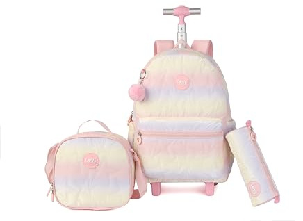 kingdisen Süßer Travelers Club Rollrucksack für Damen mit Rollwagen, Blau (hellblau), Gesteppt, Pink, Medium, Freizeit, Alltag